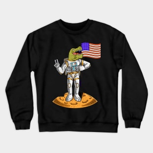 Engraving cool dude in space suit dino t-rex hold american usa flag on moon the first flight on moon space Crewneck Sweatshirt